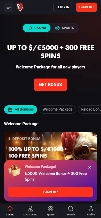 Rooster Bet Casino mobile promotions view
