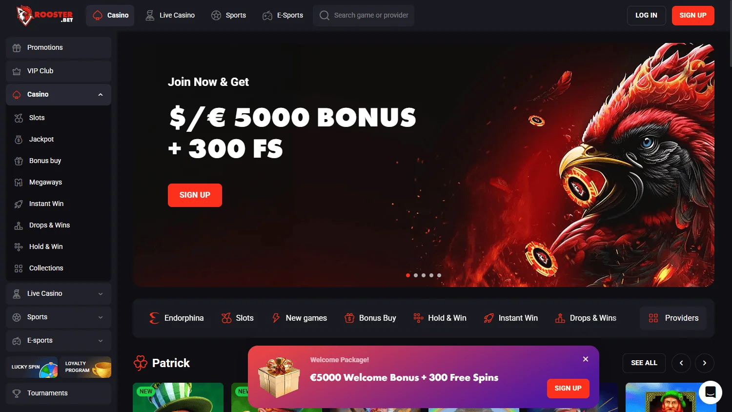 Rooster Bet Casino desktop home view