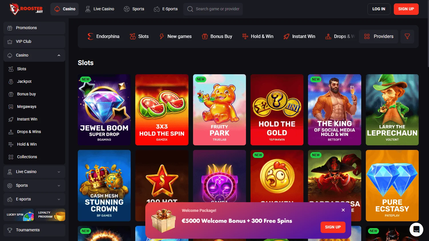 Rooster Bet Casino desktop games view