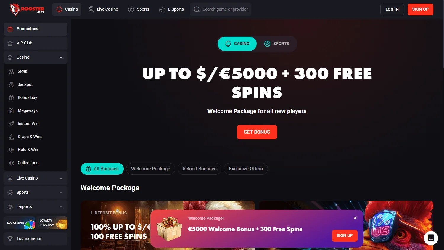 Rooster Bet Casino desktop promotions view