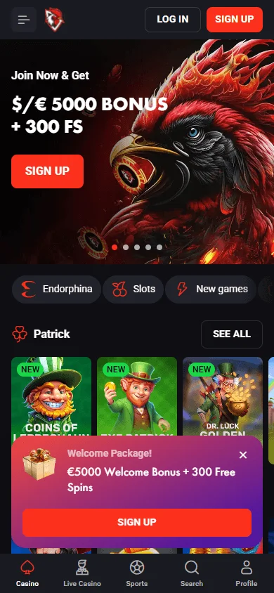 Rooster Bet Casino mobile home view